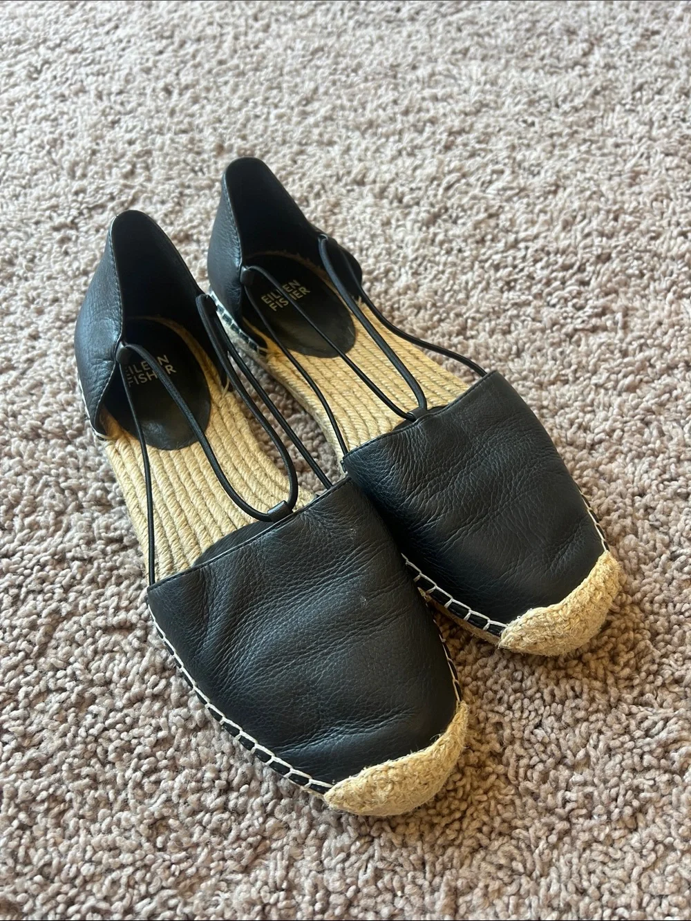 Eileen Fisher Lee Washed Black Leather Espadrille Flats Size 9